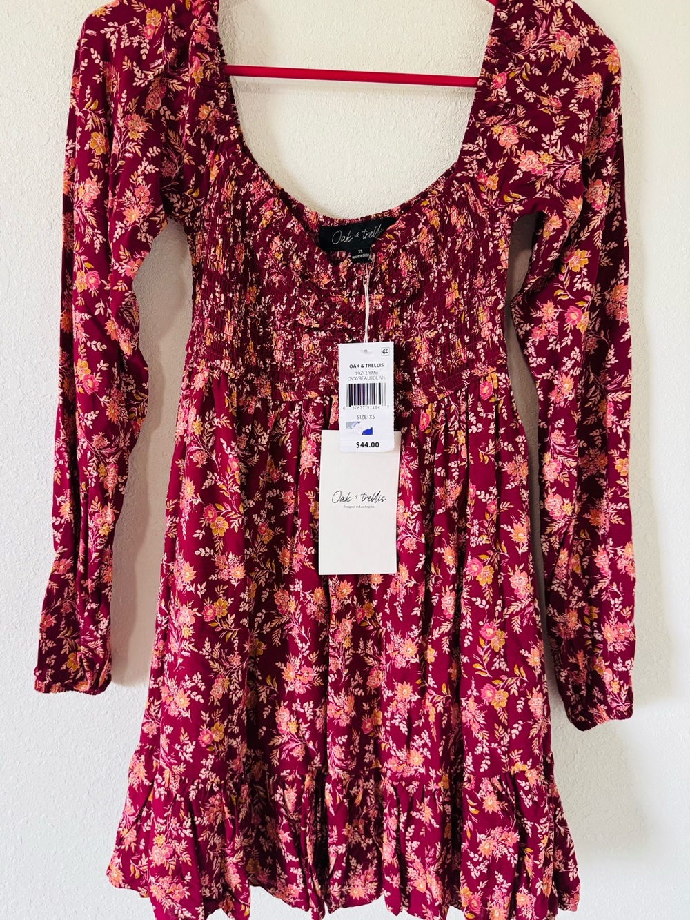 OAK + FORT Burgundy Floral Smocked Long-Sleeve Dress with Ruffle Hem Size XS